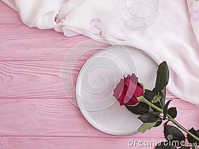 Flower rose plate vintage on wooden background arrangement Stock Photo