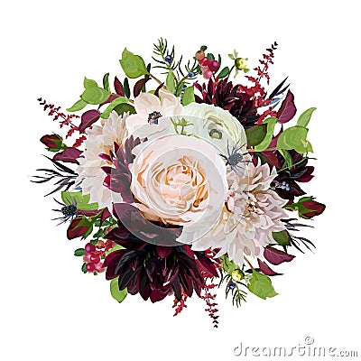 Flower round wreath bouquet of pink Rose burgundy flowers Dahlia Vector Illustration