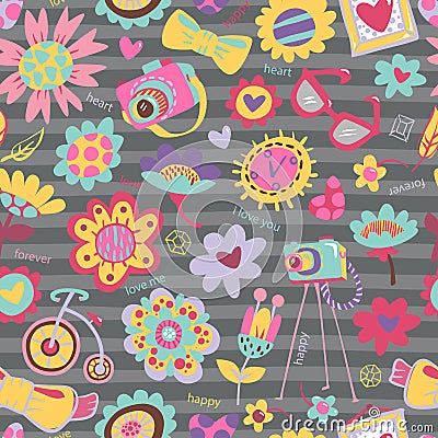 Flower seamless pattern with fashionable things. Vector Illustration