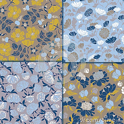 Set of seamless floral patterns. Textures with meadow flora for surfaces, paper, wrappers, backgrounds, scrapbooking. Vector Illustration