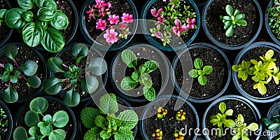 flower seedlings in plastic plant pots with young sprouts Stock Photo