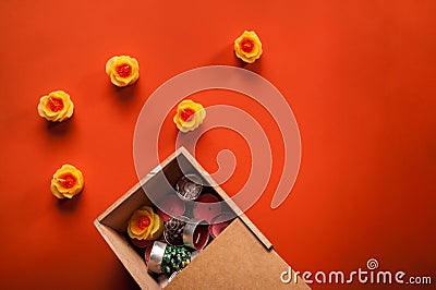 Decorative candles and wooden box Stock Photo