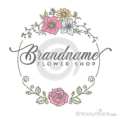 Line art flower shop logo design Vector Illustration