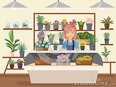 Flower shop interior green natural decorations woman florist seller cartoon design vector illustration Vector Illustration