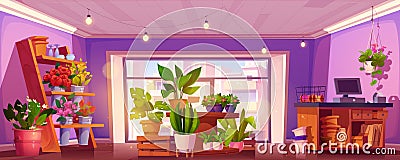 Flower shop interior with plant in pot and bouquet Vector Illustration