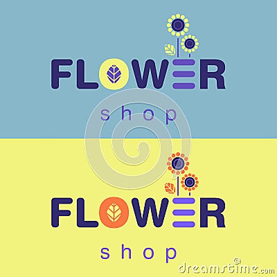 Flower shop blue and yellow logo concept Vector Illustration