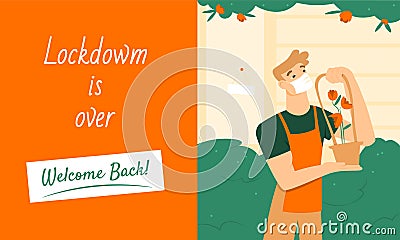 Flower shop opening after the lockdown banner with a florist in a mask decorating the facade with flowers in a basket Vector Illustration