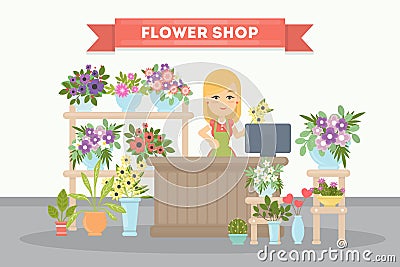 Flower shop saleswoman. Vector Illustration