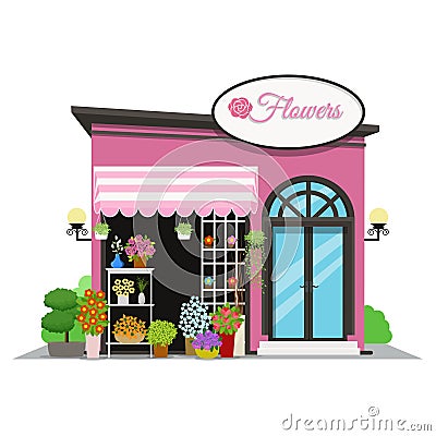 Flower shop. Shop icon in flat style design. Flower kiosk vector illustration. Vector Illustration