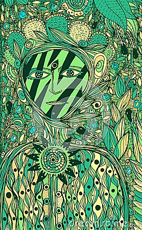 Flower spirit - fantasy ink graphic art. Green cartoon surreal artwork with fantastic creature. Vector illustration Vector Illustration