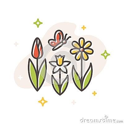 Flower spring and butterfly flat vector icon Vector Illustration