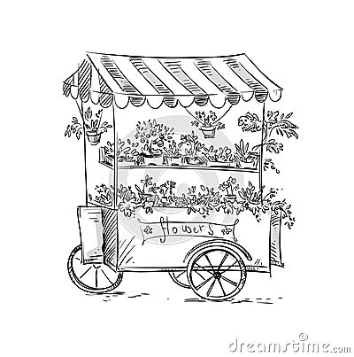 Flower stall, Florist cart. Vector Illustration