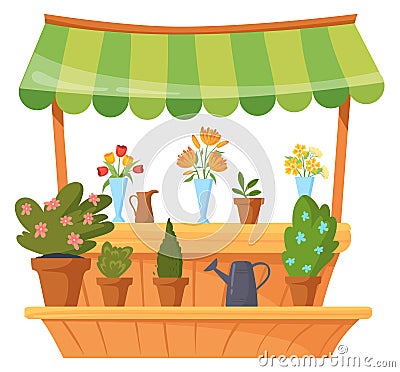 Flower stand cartoon front facade. Floral kiosk Vector Illustration