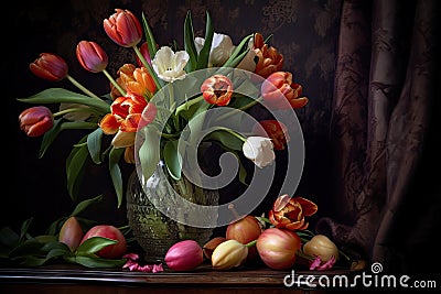 Flower Still Life Bouquet in Vintage Vase, Ancient Dutch Masters Imitation, Abstract Generative AI Illustration Stock Photo