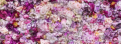 Flower texture background for wedding scene. Roses, peonies and hydrangeas, artificial flowers on the wall. Banner fow Stock Photo