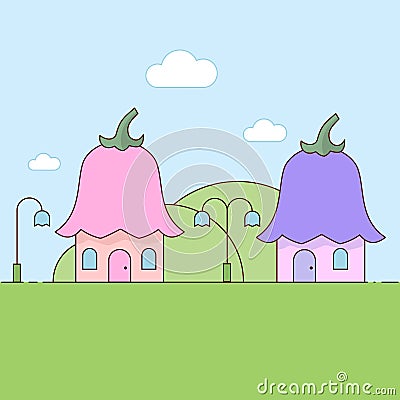 Flower town, fairy town, flower roofs , houses with bell-shaped roofs Vector Illustration