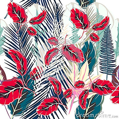 Flower tropical vector pattern with colorful palm plants Stock Photo