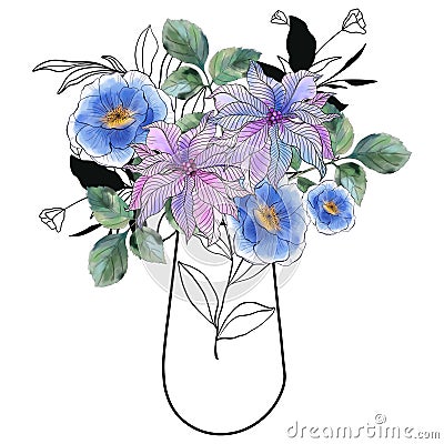 Flower in vase doodle illustration including different floral bouquets. Hand drawn cute line art about plants in interior. Modern Cartoon Illustration