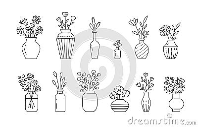 Flower in vase doodle illustration including different floral bouquets. Hand drawn cute line art about plants in Vector Illustration