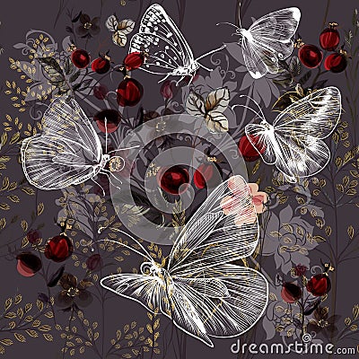 Flower vector pattern with plants and butterflies. Stock Photo
