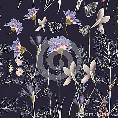 Flower vector pattern with plants. Vintage provance style Stock Photo