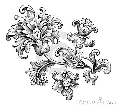 Flower vintage Baroque scroll Victorian frame border floral ornament engraved retro pattern rose peony tattoo filigree vector Vector Illustration