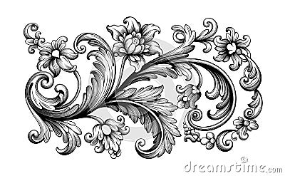 Flower vintage Baroque scroll Victorian frame border floral ornament engraved retro pattern rose peony tattoo filigree vector Vector Illustration