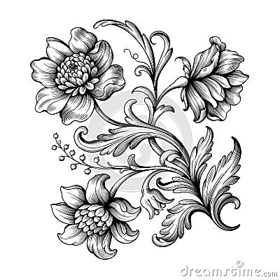 Flower vintage Baroque scroll Victorian frame border floral ornament engraved retro pattern rose peony tattoo filigree vector Vector Illustration