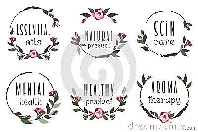 Flower vintage template with text aromatherapy, mental health, essential oil, scin care. Hand drawn floral design. Vector Vector Illustration