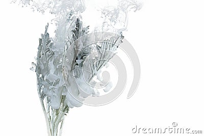 Flower water blue background white inside under paints acrylic smoke streaks grass sea haze blur underwater world planet Stock Photo