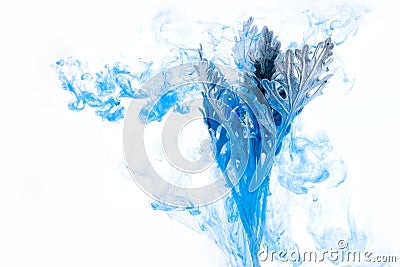 Flower water blue background white inside under paints acrylic smoke streaks grass sea haze blur underwater world planet Stock Photo