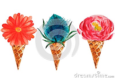 3 Flower watercolor ice cream Stock Photo