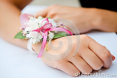 Flower wedding decor with ribbon Stock Photo