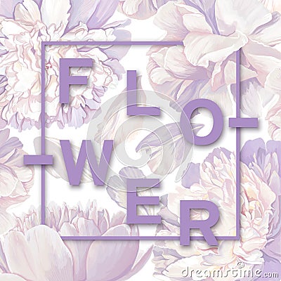 Trendy poster with blooming white peonies. Spring background in pastel purple tones. Floral spring graphic design. Vector Illustration