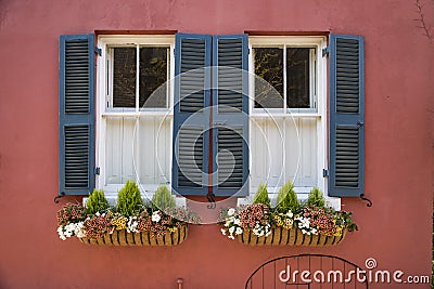 Flower window box in historic downtown Charleston, South Carolina Stock Photo