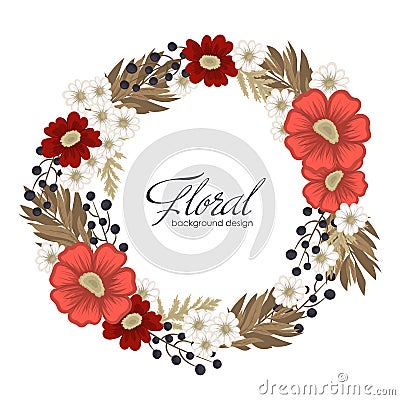 Flower wreath drawing - red circle frame with flowers Stock Photo