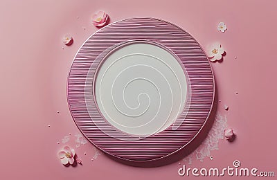 A flower wreath with pink roses and pink background. Minimalism pink rose flower wreath. A round frame with pink flowers Stock Photo