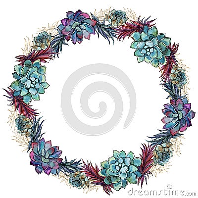 Flower wreath of succulents festive frame. Vector Stock Photo