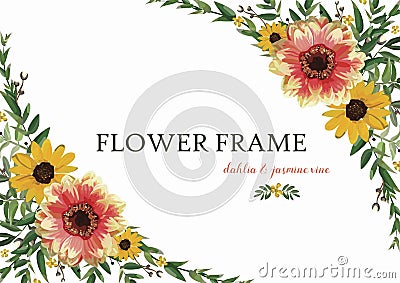 Flower Wreath yellow orange Dahlia Sunflower, Eucalyptus Leaves Vector Illustration