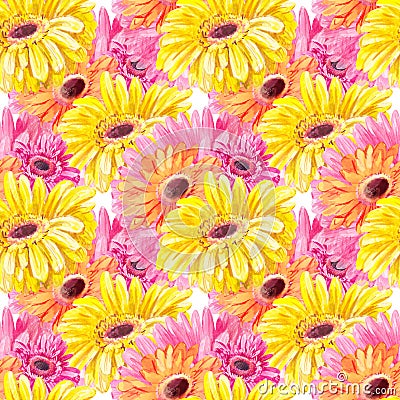 Flower yellow-pink pattern. Watercolor gerbera seamless texture Stock Photo