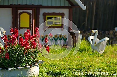 A flowerbed with bright colors from the tire stands on a green lawn against the background of a small house for children and a whi Stock Photo