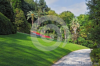 The flowerbeds, lawn and path Stock Photo