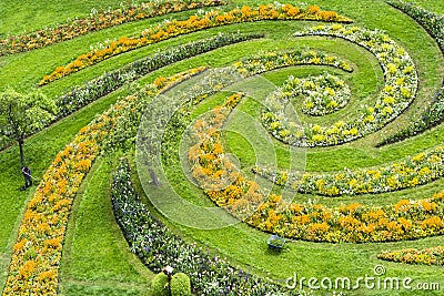 Flowerbeds, spiral flower bed with spring flowers in bloom in Park with gardener - aerial view Editorial Stock Photo