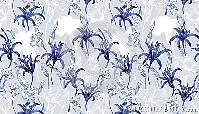 Seamless pattern with dark blue lilies and abstract white flowers, line drawing and silhouettes. Vector Illustration