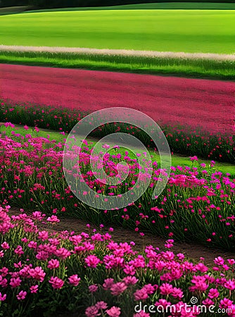 Flowerfilled field footpath 3D neutral colors. Stock Photo