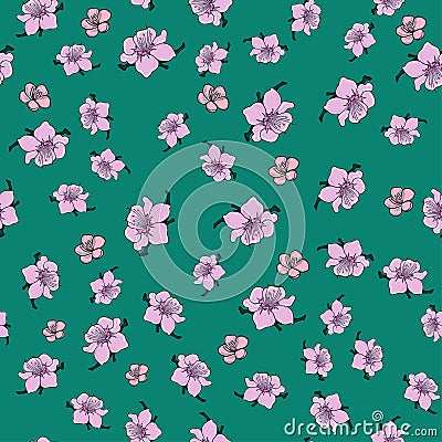 Flowering almonds. Vector seamless pattern with sakura flowers. Spring flower texture Vector Illustration