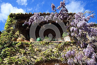 Flowering house in french village of Castelnou in Pyrenees Stock Photo