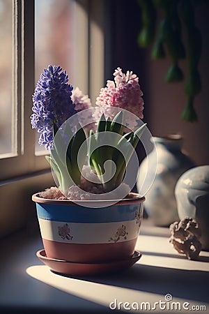 Flowering hyacinths stand in ceramic pot, by the window, in sunlight Stock Photo