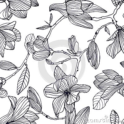 Flowering magnolia. Hand drawn black and white seamless pattern with blooming flowers. vector wallpaper. Vector Illustration