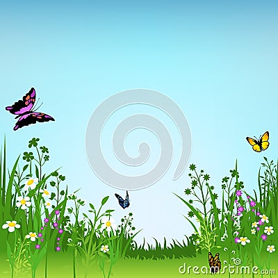 Flowering Meadow and Butterflies Vector Illustration